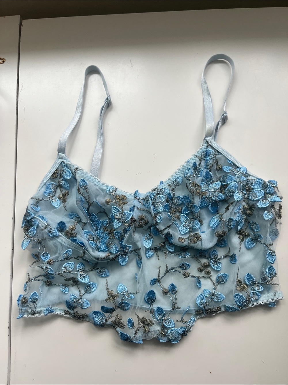 Light Blue Floral Embroidered Aplique  Sheer Bralette Corset